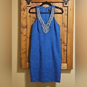 Laundry by Shelli Segal Blue Jacquard Embellished Halter Racer Back Dres…